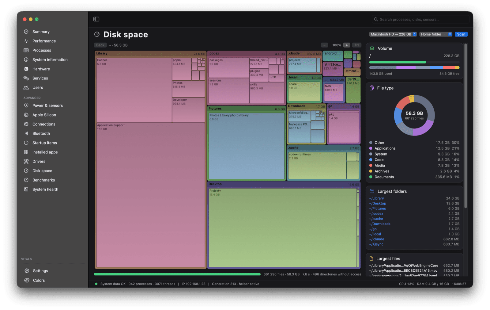 Tidix Disk space page with a directory treemap and a file type ring