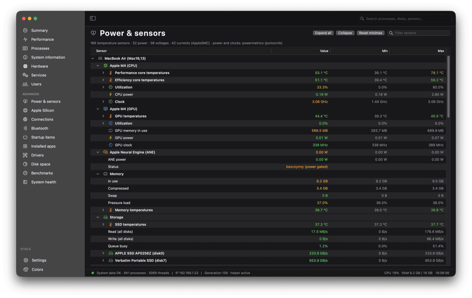 Tidix Power and sensors page with the SMC sensor tree