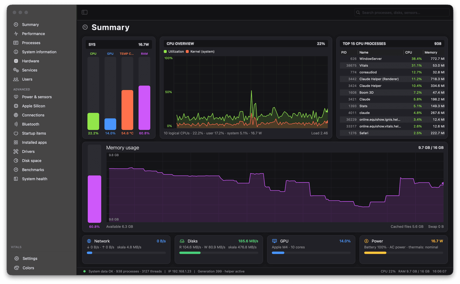 Tidix Summary page with CPU, GPU, temperature, and RAM meters, a CPU overview, the top 15 processes, and a memory graph